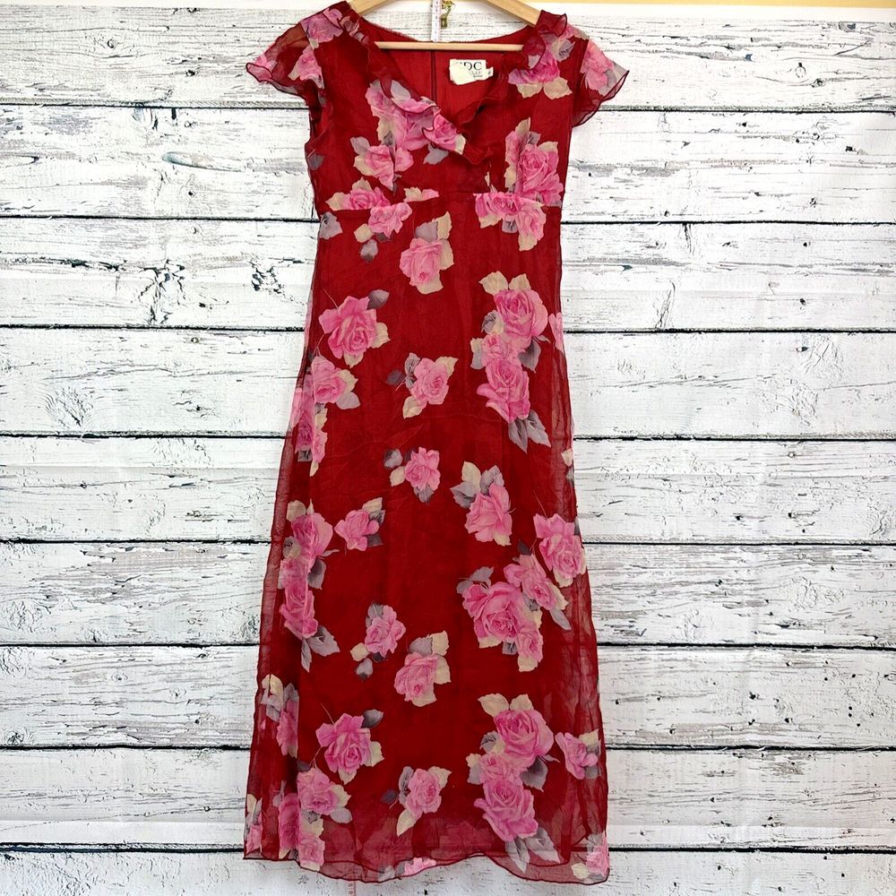 CDC Caren Desiree‎ Company Long Cocktail Mesh Dress, Red Floral [Size 8] Y2K